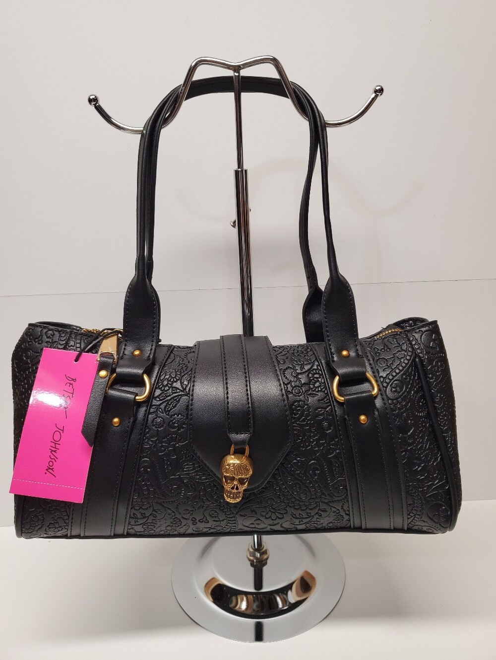 Betsey Johnson Black Embossed Skull Shoulder Bag with Gold Hardware